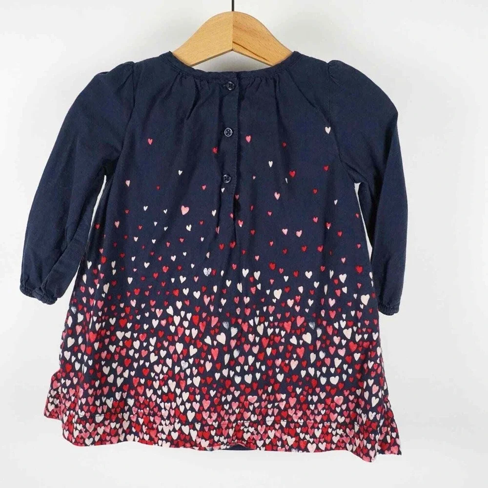 Baby‎ GAP Heart Print Dress Kids 12-18 Months Navy Blue Long Sleeve Cotton
